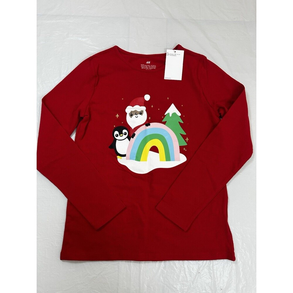 H&M Santa Claus Penguin Rainbow Christmas Tree Long Sleeve T-Shirt Size 8/10 New